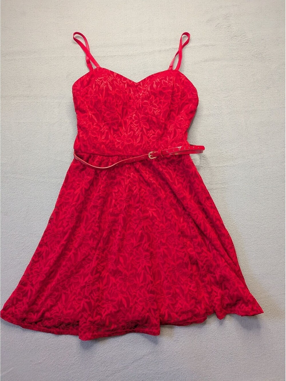 Lily Rose Dress Juniors M Red Floral Lace Sweetheart Belted Fit & Flare Mini